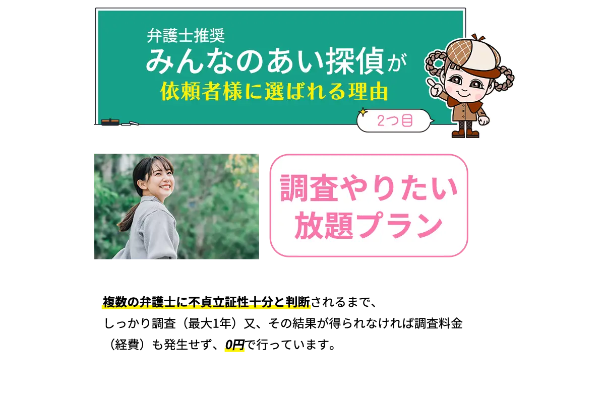 調査やりたい放題プラン　複数の弁護士に不貞立証性十分と判断されるまで、しっかり調査（最大1年）又、その結果が得られなければ調査料金（経費）も発生せず、0円で行っています。