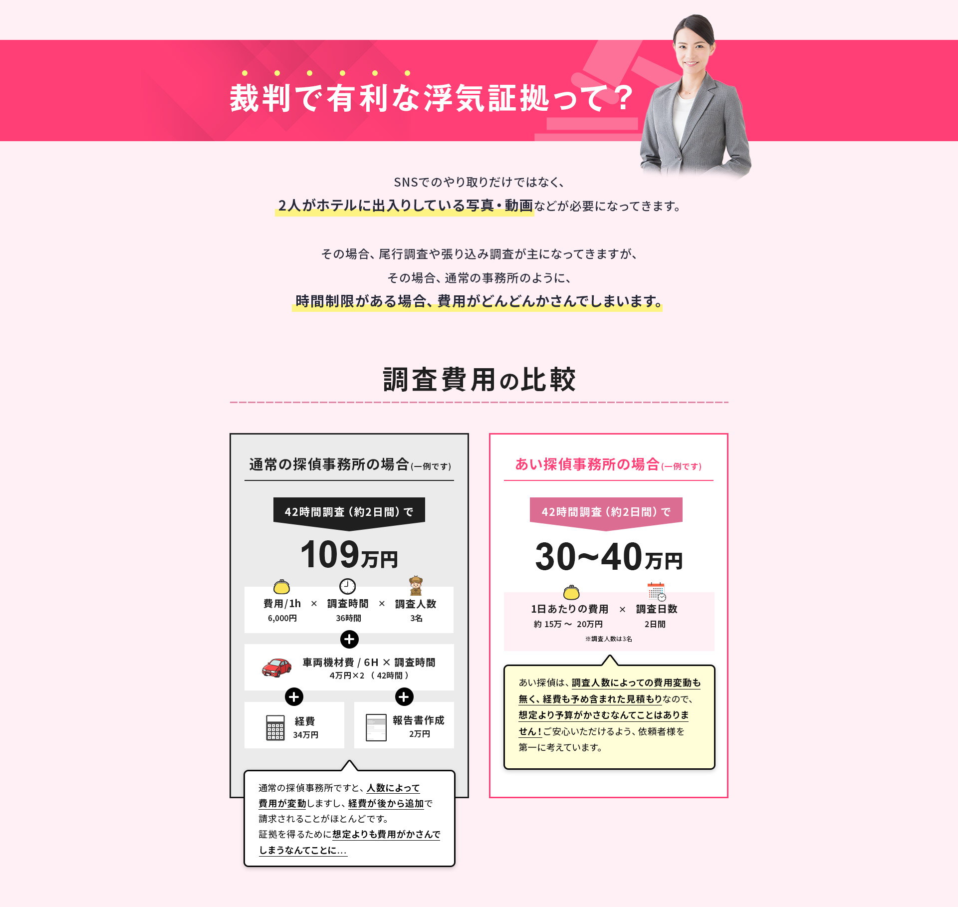 裁判で有利な浮気証拠って？　SNSでのやり取りだけでなく、２人がホテルに出入りしている写真・動画などが必要になってきます。その場合、尾行調査や張り込み調査が主になってきますが、その場合、通常の事務所のように、時間制限がある場合、費用がどんどんかさんでしまいます。